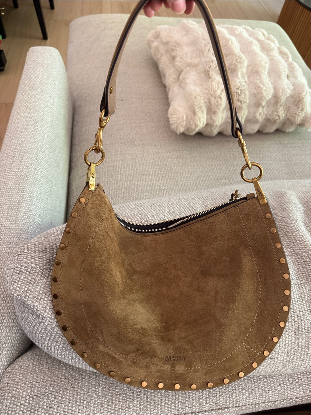 Isabel Marant Brown Suede Crescent Shoulder Bag with Gold Studs